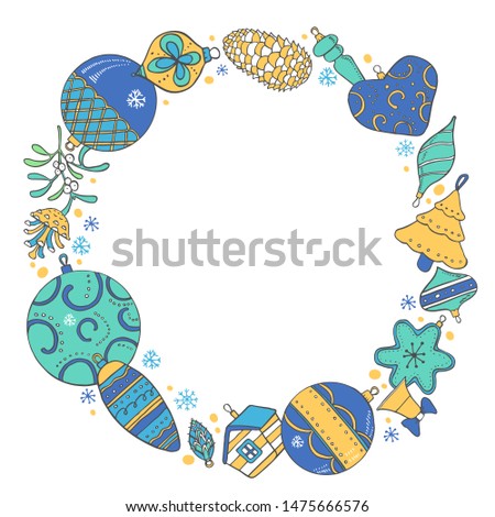 Christmas round frame template. Hand drawn color outline vector sketch illustration of New Year decorations and plants on white background
