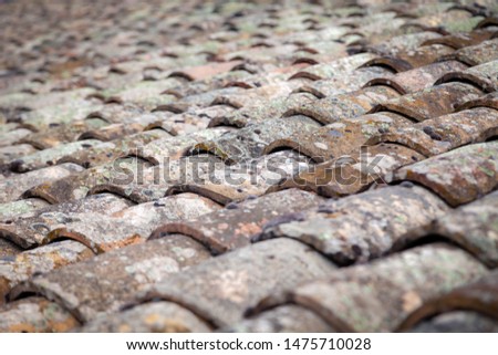 Textural background. Closeup aged old antique vintage shingles, tiles on the roof of medieval European house covered with moss, patina