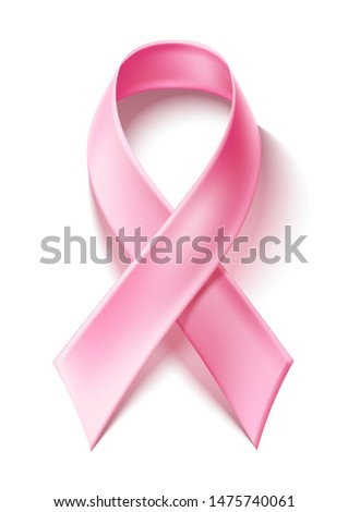 Realistic pink ribbon. Breast cancer awareness symbol. Female disease support month symbol. Vector silk bow, women hope sign. Healthcare emblem.