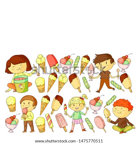 Little children eating ice cream. Summer vacation. Sweet fruit desert.