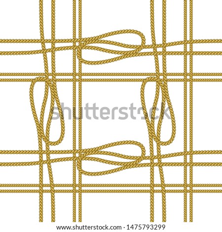 Seamless vector pattern with golden cords. Unusual geometric print with crossed ropes, knots and loopes. Nautical textile collection. On white background.