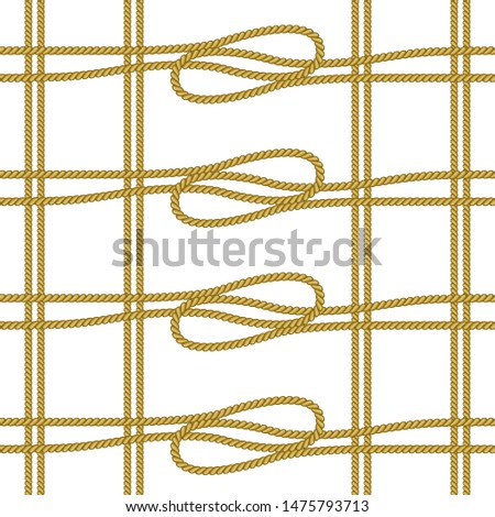 Seamless vector pattern with golden cords. Unusual geometric print with crossed ropes, knots and loopes. Nautical textile collection. On light background.