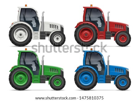 Agricultural tractor icons with side view isolated on white background. All elements in the groups on separate layers for easy editing and recolor Royalty-Free Stock Photo #1475810375