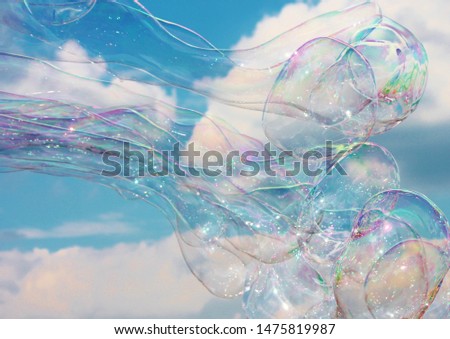 bubble floating background soapy copy bubble bubbles floating soap drift in blue sky with clouds stock, photo, photograph, picture, image 