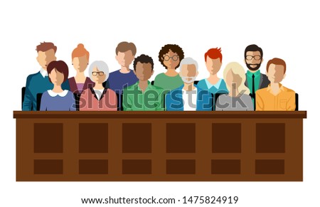 Twelve jurors sit in a jury box at a court trial,  vector illustration. Jury in court trial vector illustration. People in judging process, sittingin jury box, isolated on white background Royalty-Free Stock Photo #1475824919