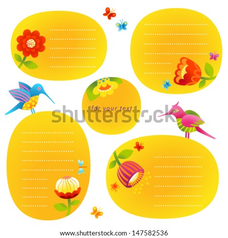 Vector set of text frames, humming-birds and flowers. Tropical birds, butterflies and dragonfly. It can be used for decorating of invitations, cards, labels, design of price tags, decoration for bags.
