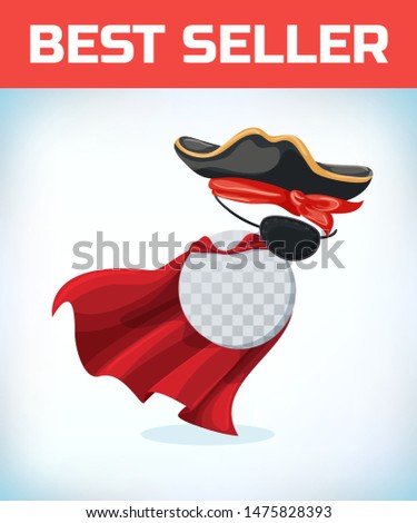Musketeer hat with feather. Vintage pirate hat. Masquerade costume headdress. Carnival or Halloween mask. Cartoon Vector illustration. Red cape