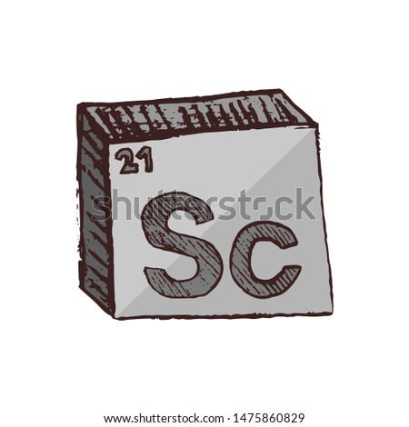 Vector three-dimensional hand drawn chemical silvery white symbol of rare-earth metal scandium with an abbreviation Sc from the periodic table of the elements isolated on a white background.