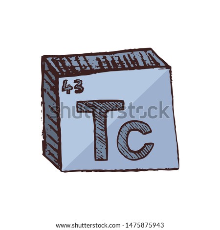 Vector three-dimensional hand drawn chemical shiny gray symbol of radioactive metal technetium with an abbreviation Tc from the periodic table of the elements isolated on a white background.