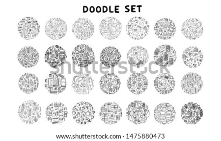 Set of doodles. Hand drawn icons. Big collection of round badges with different objects. Travel, lifestyle, food, education topics. Vector black and white illustration.