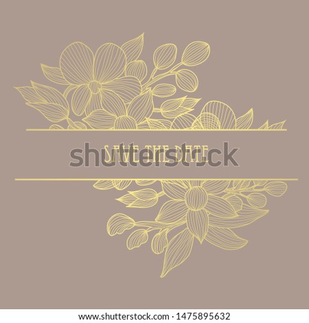 Elegant golden card with decorative flowers, design elements. Can be used for wedding, baby shower, mothers day, valentine day, birthday, rsvp cards, invitations, greetings. Golden template background