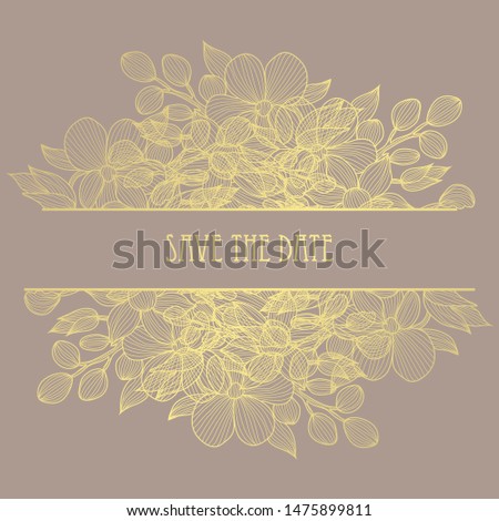 Elegant golden card with decorative flowers, design elements. Can be used for wedding, baby shower, mothers day, valentine day, birthday, rsvp cards, invitations, greetings. Golden template background