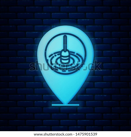 Glowing neon Location fishing icon isolated on brick wall background. Fishing place.  Vector Illustration
