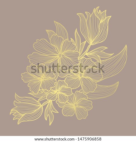 Decorative abstract golden flowers, design elements. Can be used for cards, invitations, banners, posters, print design. Golden floral  background in line art style