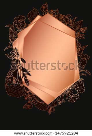 Rose gold botanic card. Floral, lilies bouquet wedding invitation design. Geometric frame. Brochure, cover template. Vector