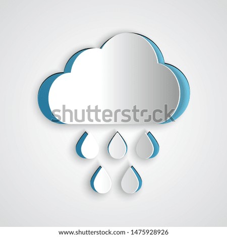 Paper cut Cloud with rain icon isolated on grey background. Rain cloud precipitation with rain drops. Paper art style. Vector Illustration