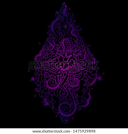 Vector neon light illustration of winged heart with crown, doodle tattoo flames and curls. Romantic cute and cozy linear design element. Fully editable and can be used for design and decoration.