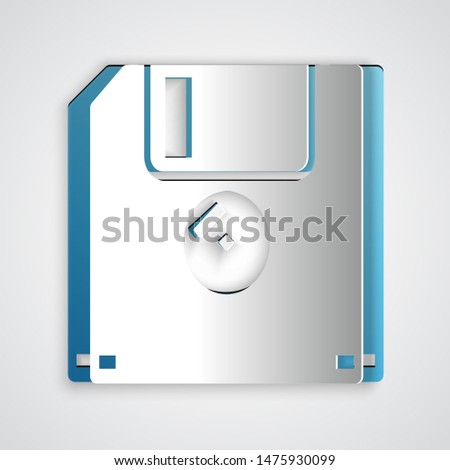 Paper cut Floppy disk for computer data storage icon isolated on grey background. Diskette sign. Paper art style. Vector Illustration