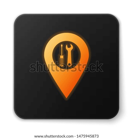 Orange glowing Location with crossed screwdriver and wrench tools icon isolated on white background. Pointer settings symbol. Black square button. Vector Illustration