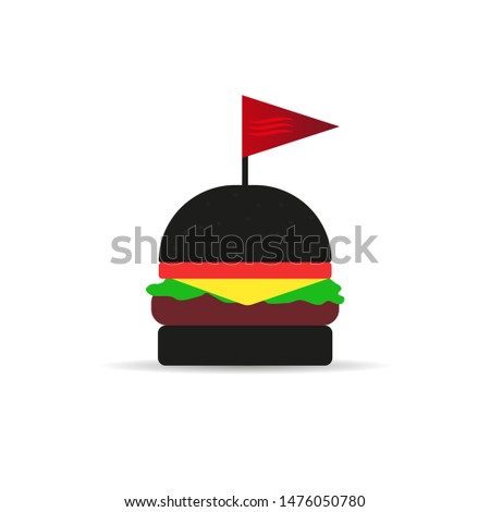 Black burger, with meat, cabbage, cheese and sauces. Flag on top of the grill