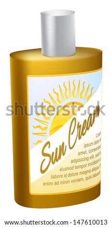 A cartoon illustration of a bottle of sun cream with a sun logo on the label 