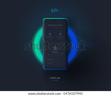 Mobile phone template. Mobile phone with a mockup of a mobile application on the background of a flash of light. Ultraviolet. Modern vector illustration. Abstract background.