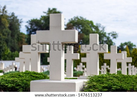 Many identical similar white crosses on the cemetery.