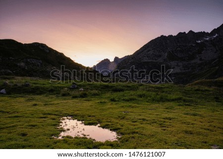Sunset landscape on Sustenpass, Stein Glacier in Swiss alps in summer. Alpine Glow