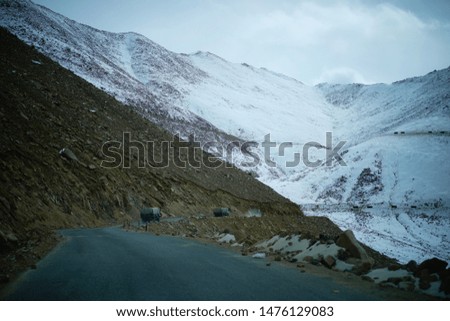 Main road with snow at both side leading to Khardungla Pass and Nubra Valleh from Leh, India.