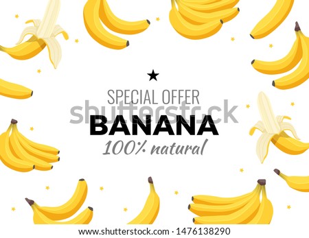 Banana fruit design concept with place for your text. Template for invitation, banner, card, poster, flyer. Vector illustration in flat cartoon style. Healthy diet menu