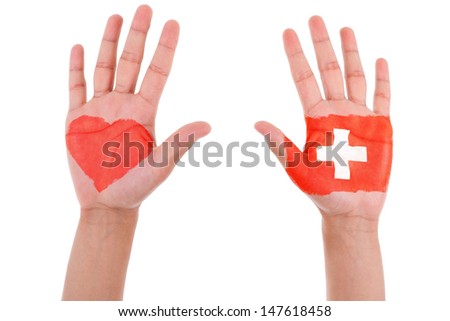 Hands with a painted heart and swiss flag, i love switzerland concept, isolated on white background