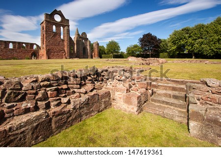 Arbroath Abbey in Angus, Scotland is a red sandstone ruin founded in 1178 by King William the Lion and most famous as the place where the Declaration of Arbroath was signed in 1320.