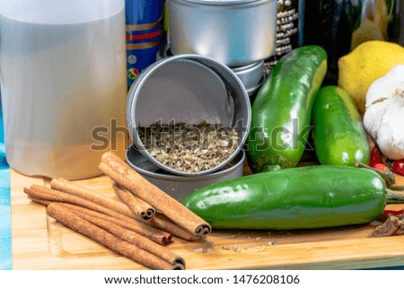 Assorted pantry ingredients on display on a wooden cutting board. Calgary, alberta, Canada