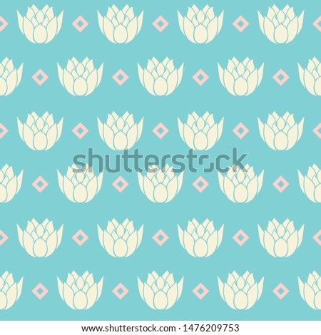 Vector Vintage Water Lilies in line with Rhombs seamless pattern background.