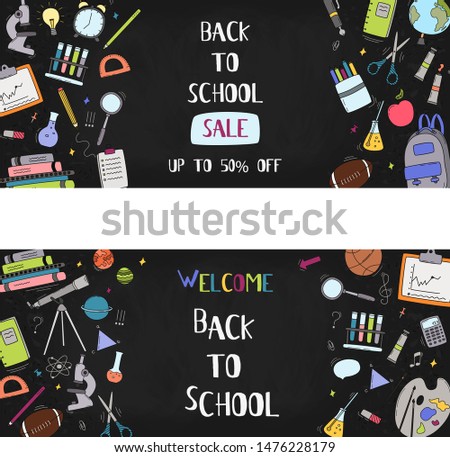 Vector back to school sale banner, poster background. Hand drawn doodle school supplies. Layout for discount labels, flyers and shopping.