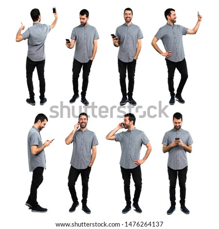 Set of Handsome man talking to mobile Royalty-Free Stock Photo #1476264137