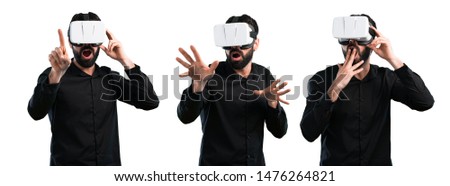 Set of Handsome man with beard using VR glasses