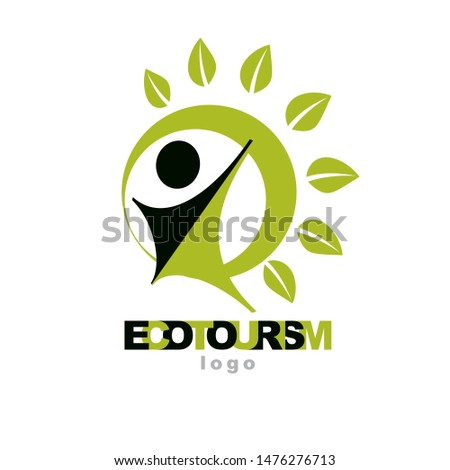 Vector illustration of happy abstract individual with raised hands up. Ecotourism conceptual logo. Green tourism symbol. Wanderlust and countryside vacation icon.