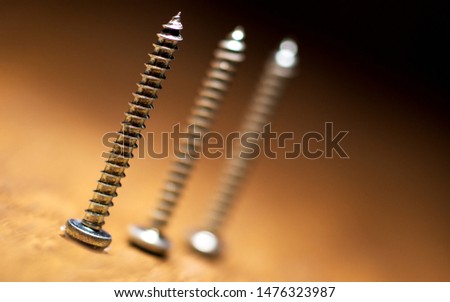 Close up of three  long neck standing screws on wooden background. Slanted picture