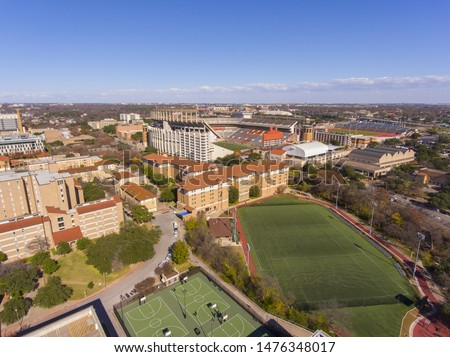 University of Texas at Austin aerial view including Darrell K Royal-Texas Memorial Stadium, Austin, Texas, USA. Royalty-Free Stock Photo #1476348017