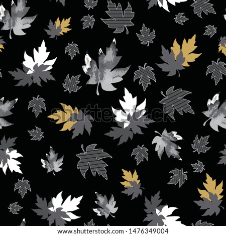 Illustration of stylized maple leaves in grey, black, white and yellow stripes. Seamless pattern, vector background for gifts, posters, flyers, wallpaper, textile, fabric and scrapbooking.