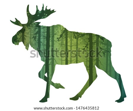 Beautiful silhouette of a running moose for your design. Inside is a pine forest. Black white isolated object. Vector illustration