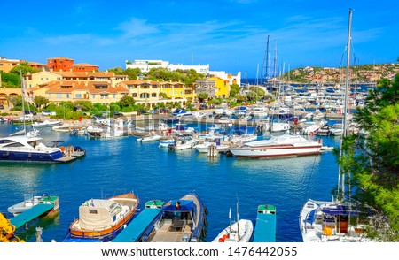 View of Porto Cervo, Italian seaside resort in northern Sardinia, Italy. Centre of Costa Smeralda. One of the most expensive resorts in the world. Royalty-Free Stock Photo #1476442055