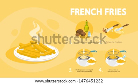 French fries recipe. Cooking delicious snack at home. Tasty hot potato slices. Fastfood and junk meal. Vector illustration in cartoon style