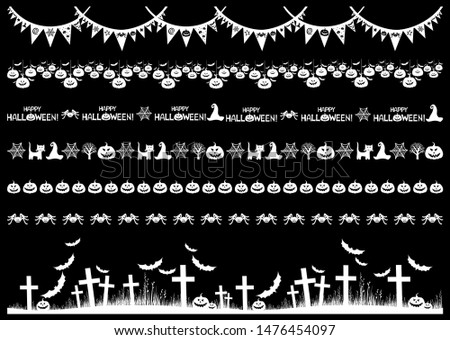 Happy Halloween! Collection of design elements isolated on Black background. Halloween long horizontal banner for top and bottom of web site. Frame for party poster, flyer, card design with typography