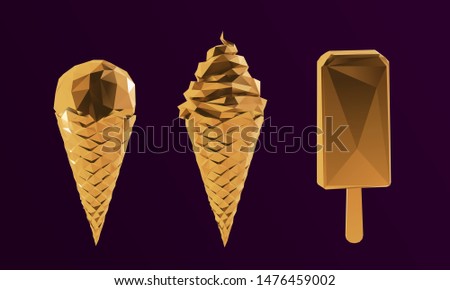 Gold Ice Cream Collection. Shiny Metallic Set of Golden Gelato on Purple Background. Low Poly Vector 3D Rendering