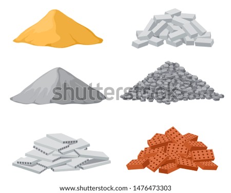Building material piles. Red and lime brick, cement heaps. Gravel pile and reinforced concrete slabs isolated vector set. Industrial pile brick, block and sand and stone illustration Royalty-Free Stock Photo #1476473303