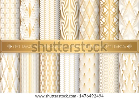 Art Deco Patterns. Seamless gold and white backgrounds set. Metallic shells or scales lace ornament. Minimalistic geometric design. Vector lines. 1920-30s motifs. Luxury vintage golden collection