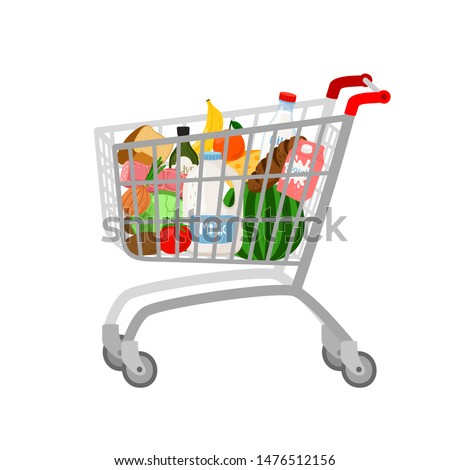 Grocery shopping cart on white. Full supermarket food basket vector illustration, shop cart with groceries goods isolated