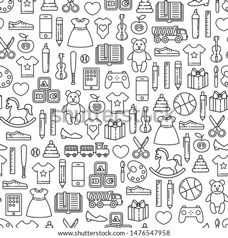 Seamless pattern with toys design elements. Different black outline icons on white background. 